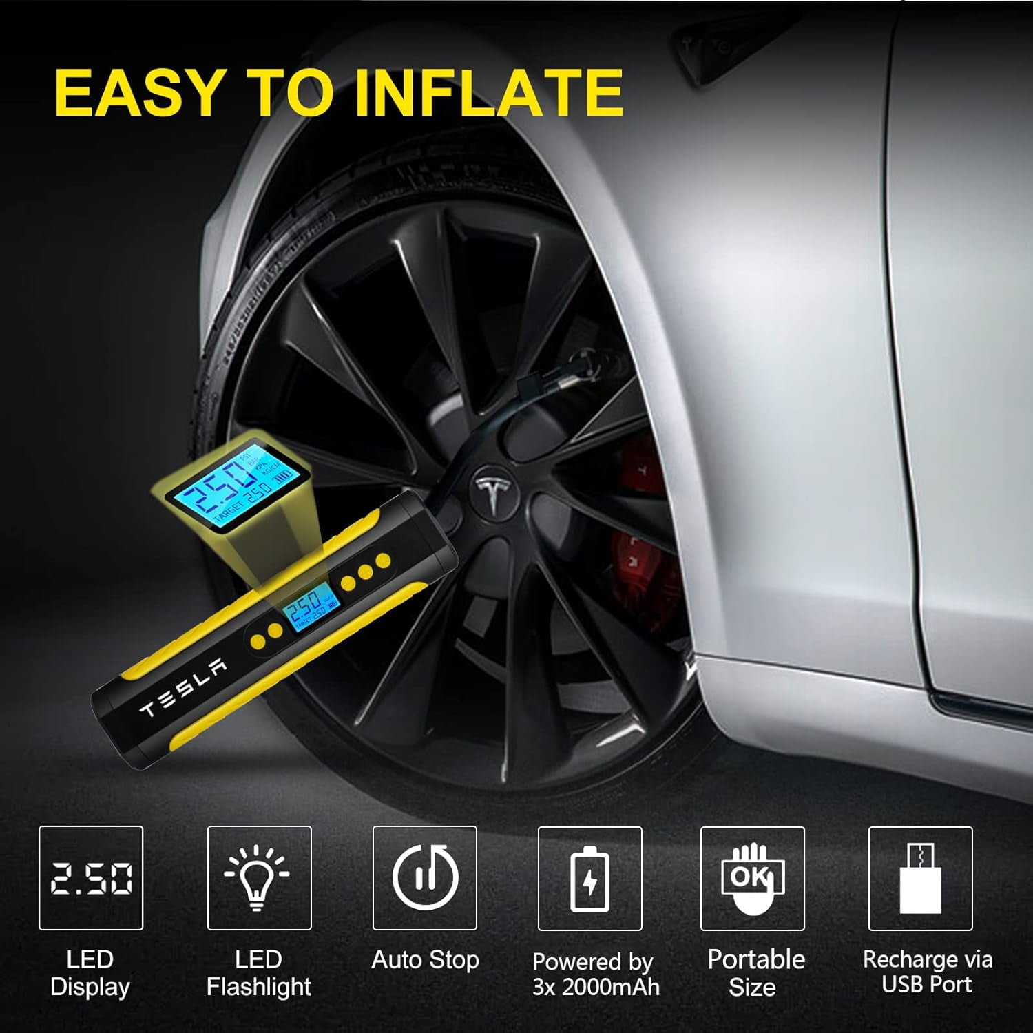 KIKIMO Tire Inflator Air Compressor for Tesla Portable Tesla Model 3/Y/S/X Accessories, 12V Cordless with Digital Pressure Gauge, 150psi Air pump with LED Light for TESLA, Bicycle