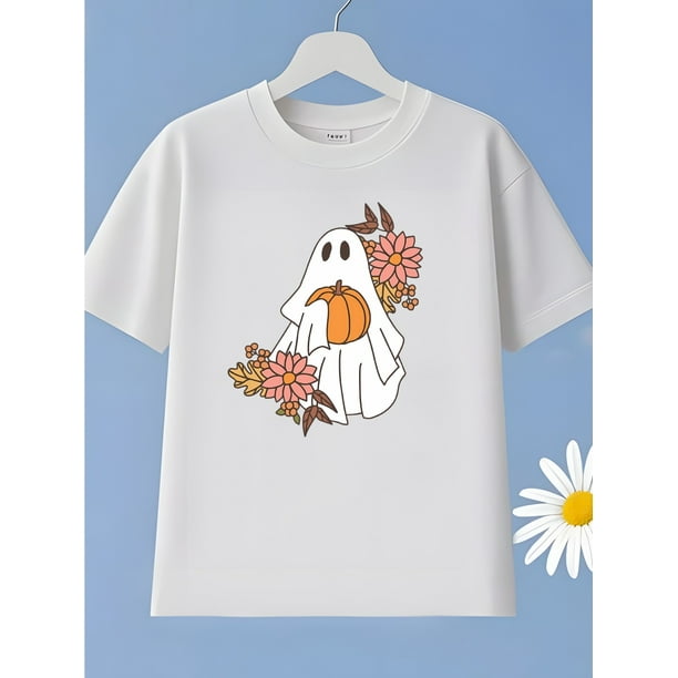 Halloween T-shirt - Cute Ghost & Pumpkin Print - Soft, Comfortable Round Neck Tee for Outdoor Activities, Sports, and Casual Wear - Perfect for Youngsters, Teens, and Youngsters, Halloween Shirts