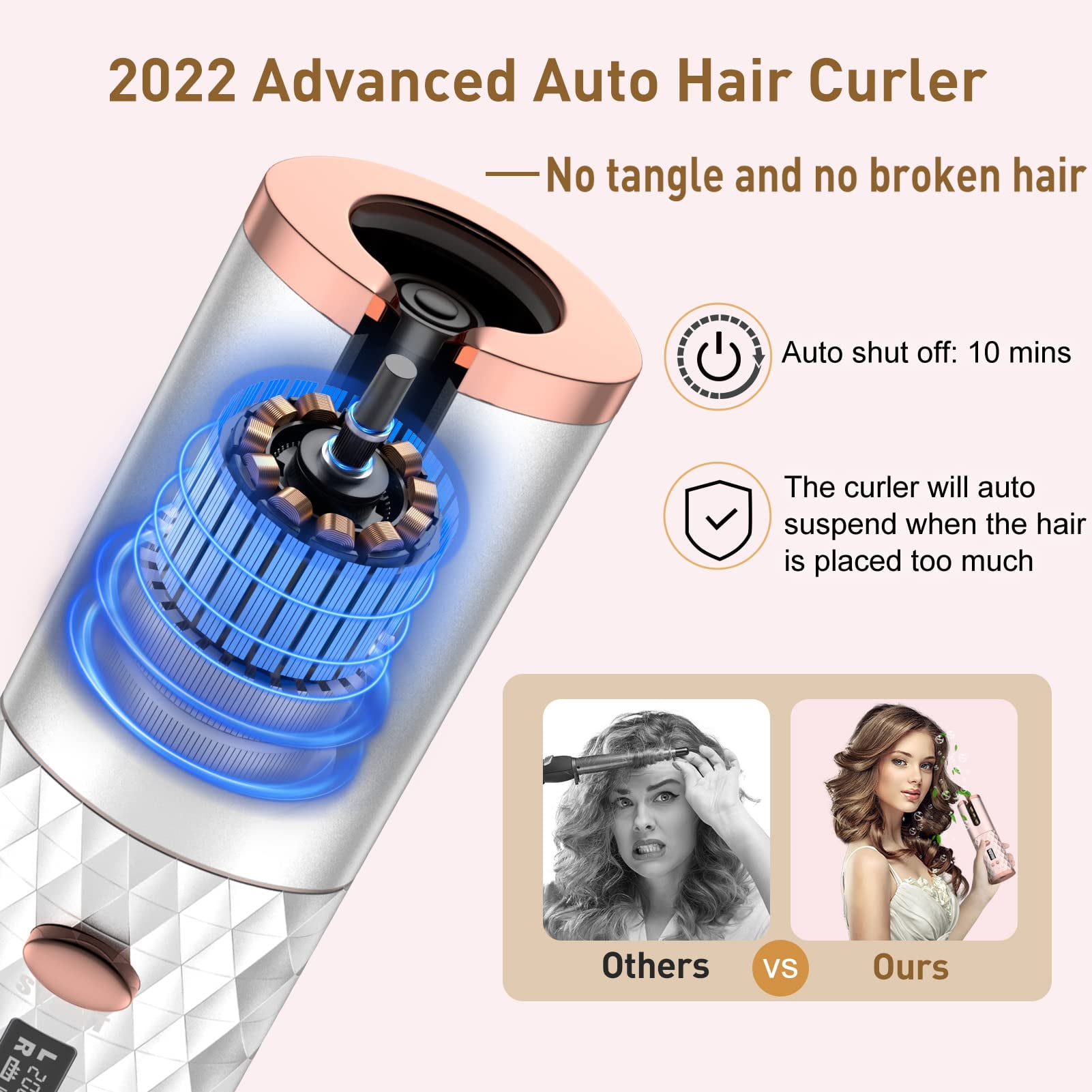 Cordless Hair Curler,Portable Hair Curler,Automatic Curling Iron, Rechargeable Hair Curler with 6 Temp & Timer LCD Display ,Fast Heating & Auto Shut Off Ceramic Rotating Hair Curler(White)