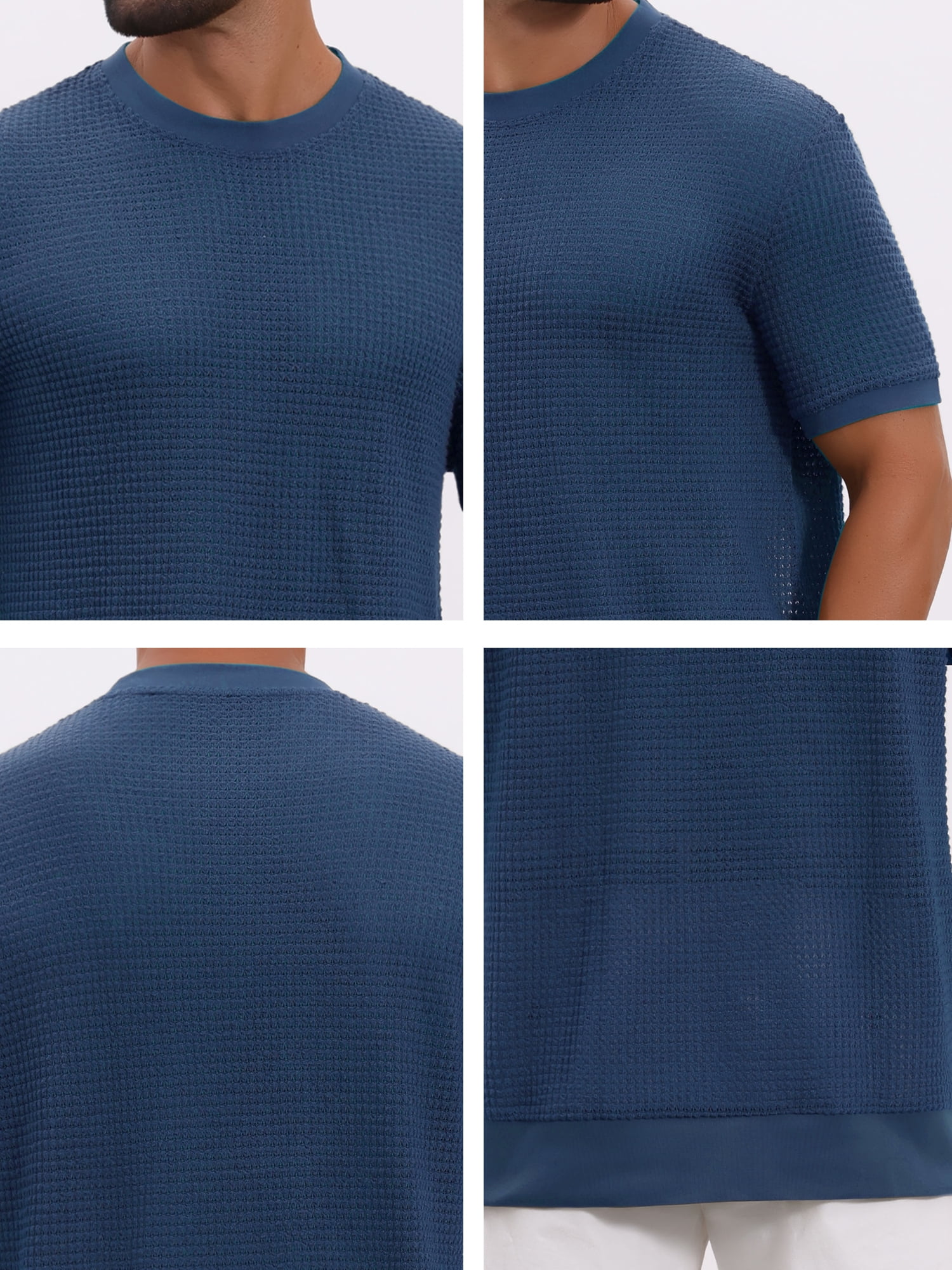 DARING DIVA Men's Waffle Short Sleeve Crew Neck Solid Knitted T-Shirt S Dark Blue