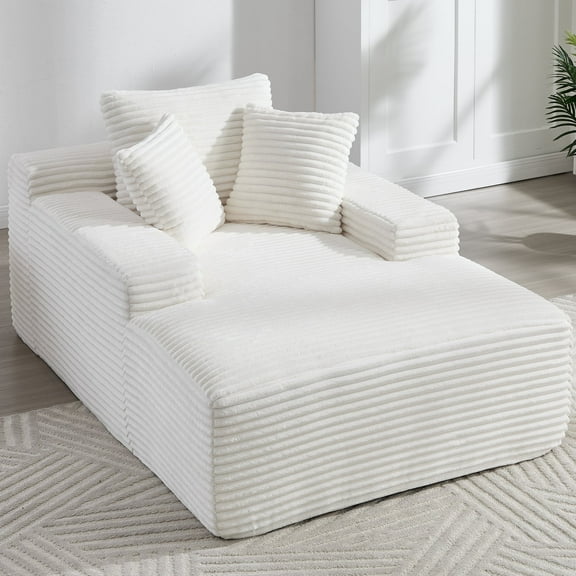 FIRSCOOK 66" Oversized Chaise Lounge Chair Indoor, Corduroy Boneless Single Sleeper Cloud Couch Chair, White