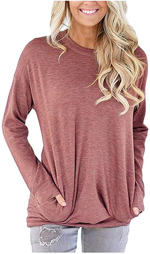 Fastbot womens Long Sleeve Solid Striped Sweatshirt Crewneck Pullover Loose Fit Cute Blouses Tops 