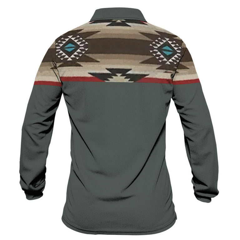 XFLWAM Men's Western Aztec Graphic Sweatshirt Turn-Down Collar Long Sleeve  3D Vintage Print Pullover Top Dark Gray M 