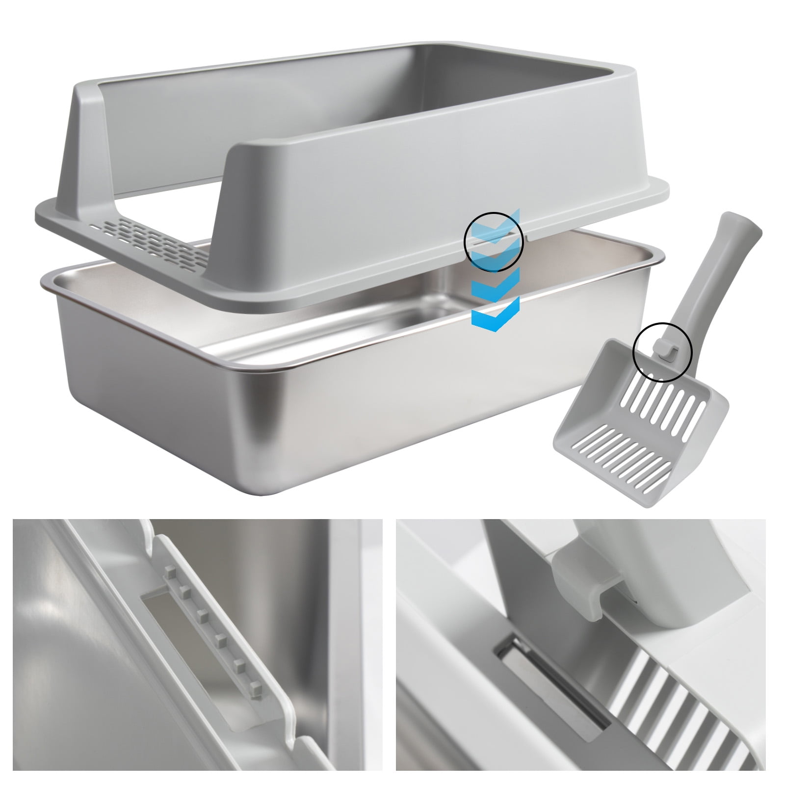 Nyutu Stainless Steel Litter Box with Lid 2 Pack,  Large to XL Metal Cat Litter Box with Scoop and Mat, High Sided Litter Boxes for Big/Multi Cats, Anti-Urine Leakage, Easy Clean and No Smell