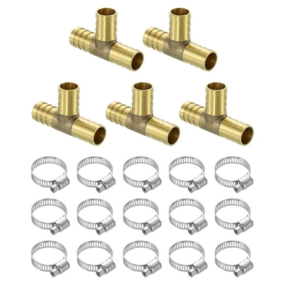 5pack Brass Hose Barb Fittings, 3-Way Tee 5/8" Barbed x 5/8" Barbed x 5/8" Barbed, with 15pack Hose Clamps