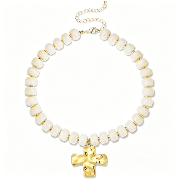 DESIGNICE Resin Chunky Beaded Necklaces for Women 14K Gold Plated Cross Statement Necklace Large Hammered Cross Necklace Gold Statement Necklace Jewelry Women Trendy