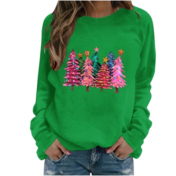 Dgankt Christmas Blouses for Women Round Neck Christmas Printed Tops Long Sleeved Shirts,Sizes S-2XL