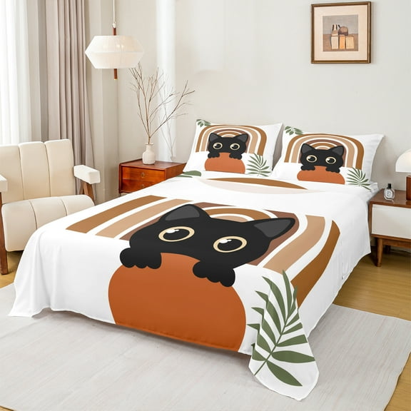 Manfei Cute Cat Twin Sheet Sets,Brown Geometric Striped Twin Fitted Sheet,Pet Lover Flat Sheet For Girls Kids,Super Cozy Room Decor,3 Pieces
