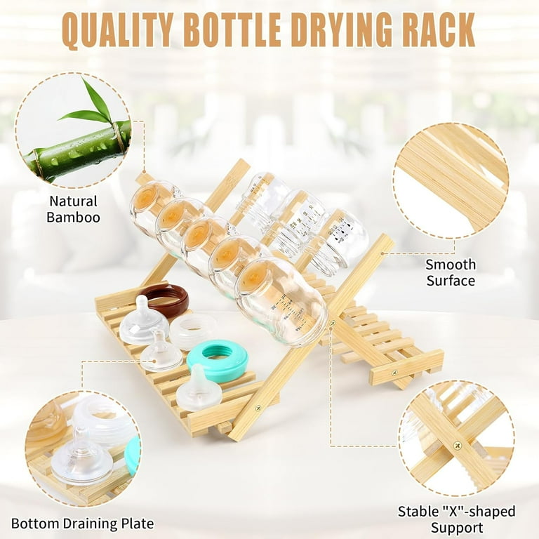 Baby Bottle Drying Rack, Foldable Bamboo Bottle Rack Dryer Space