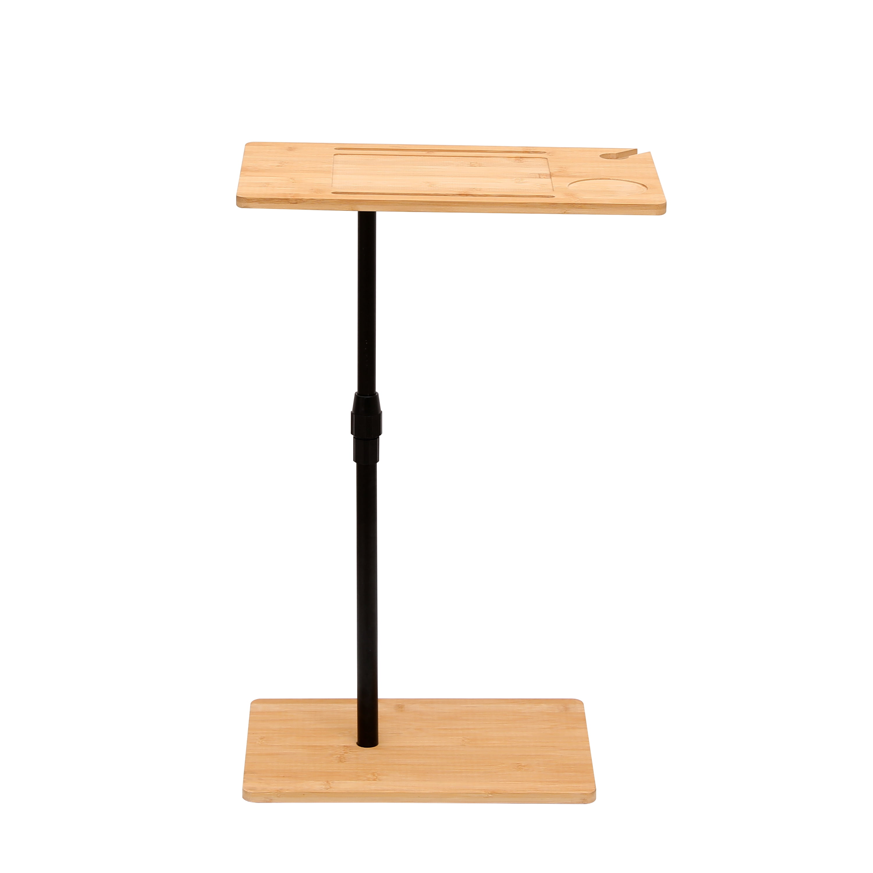 2-Tier Bamboo C-Shaped Side Table, Height Adjustable Rectangle Couch Tray Table with Storage Slots & Cup Holder, Stable Metal Base End Table for Sofa, Bedroom, Living Room Small Space