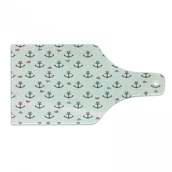 Anchor Cutting Board, Anchors and Colored Hearts Sailor Holiday Escape Seaside Explore Life, Tempered Glass Cutting and Serving Board, Wine Bottle Shape, Eggshell Charcoal Grey, by Ambesonne