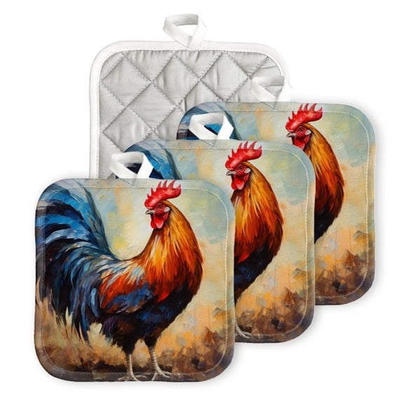 Bahomeck Pot Holder 4Pcs,Vibrant Oil Painting Of Elegant Rooster Square Heat Resistant Hot Pads For Kitchen Cooking Oven With Hanging Loop Potholder Easy To Store