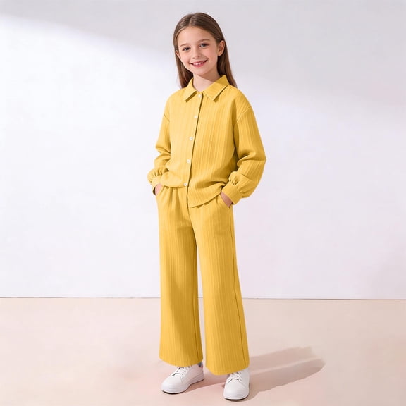 Girls' Button Up Shirt Set Long Sleeve Collared Top and High Waist Wide Leg Pants Casual Two Piece Outfit Relaxed Fit Coord