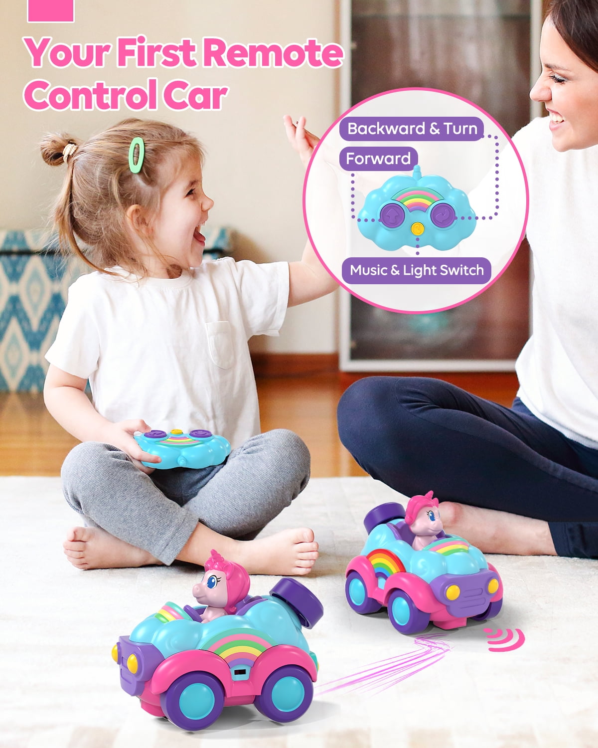 Toddler Girl Toys, Rechargeable Remote Control Car for Toddlers Ages 2-4 Girls Old Girl Toys, Unicorn Toys RC Cars with Lights & Music, Toys for 3 Year Old Girls