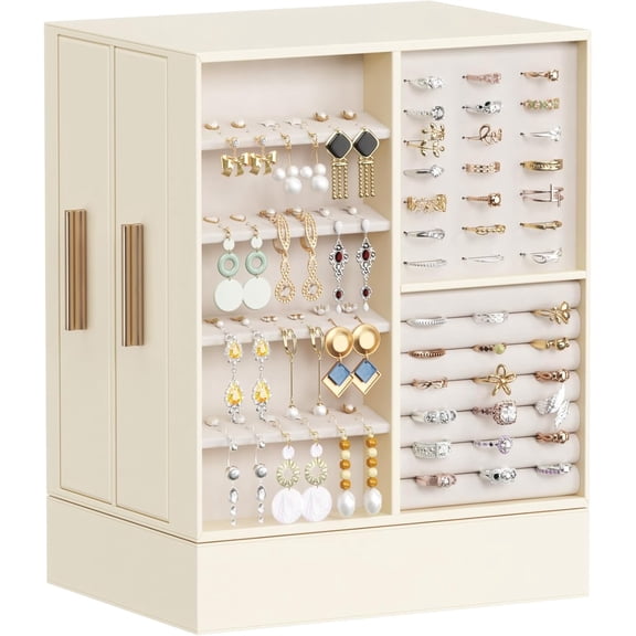 XH Jewelry Box 360° Rotating, Large Adjustable Angle Mirror, Jewelry Storage Case with 6 Drawers, Open Design, Jewelry Organizer for Ring Necklace Earring Bracelet, Great Gift, Creamy White