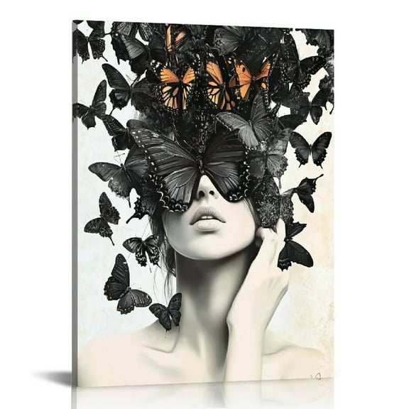 ONETECH Beautiful Woman with Butterfly Canvas Wall Art Painting Artwork Abstract Black White Face Picture Sexy Lips Poster Prints for Living Room Bedroom Decor Framed 12x16 in