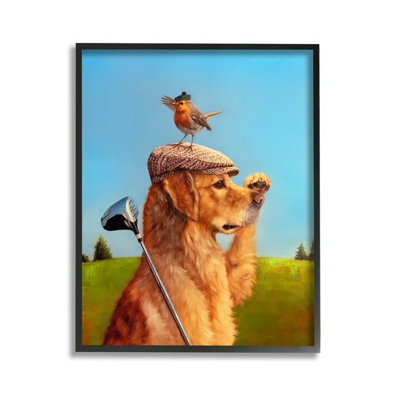 Stupell Industries Bird & Dog Golfing Animals & Insects Painting Black Framed Art Print Wall Art, 11 x 14