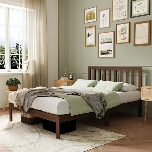 Novilla 12" Bed Frame Wood Bed Frame Queen with Headboard,Walnut Wood Bed Frame Foundation with Wood Slat Support, No Box Spring Needed, Easy Assembly