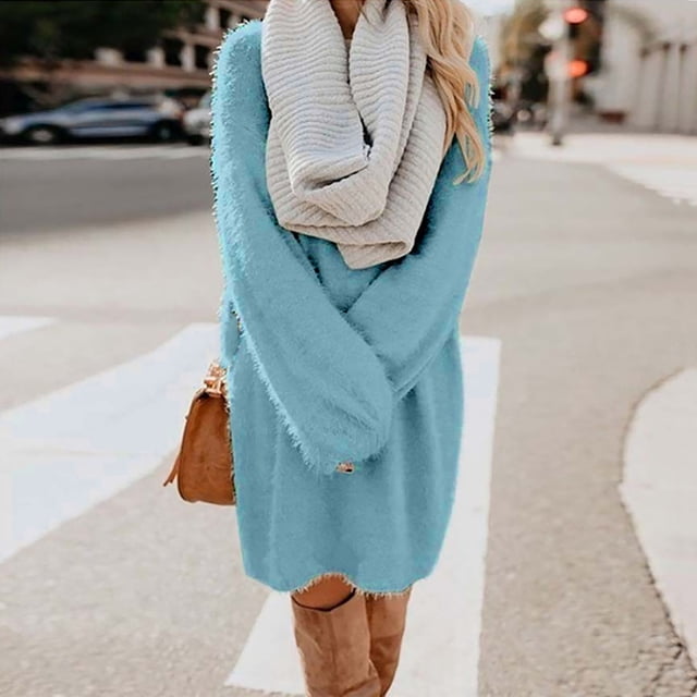 Aqestyerly Robe Décontractée d'Hiver pour Femmes, Unie, Col Rond, Manches Longues, Robe Aguichant