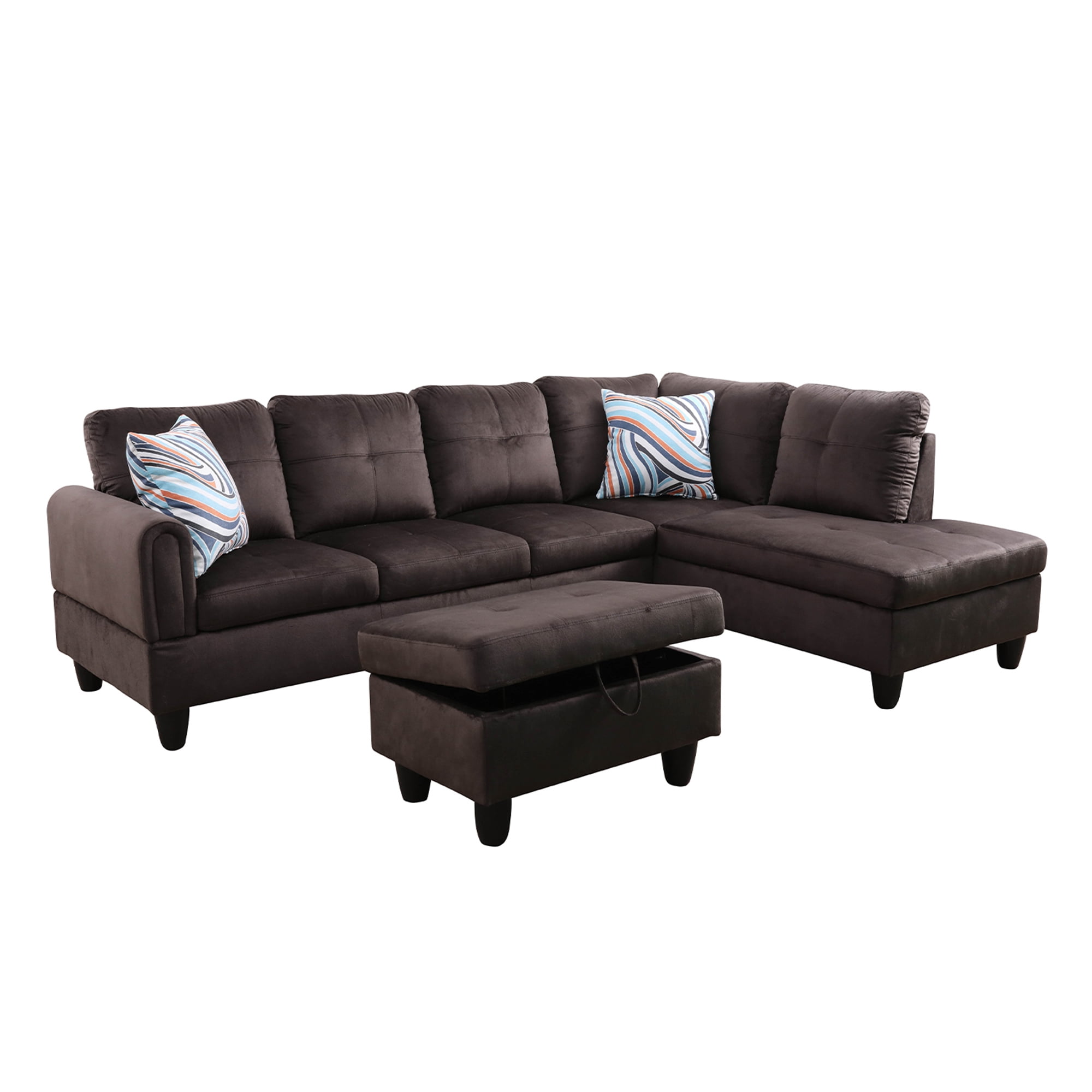 Aukfa Sectional Sofa, Living Room Couch with Storage Ottoman, Right Facing Chaise, Flannel, Espresso