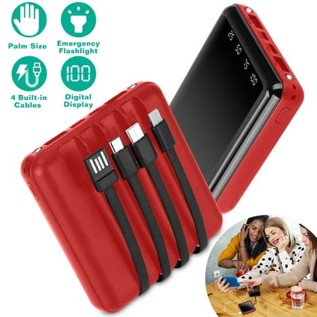 PowerMaster 10000mAh Portable Charger Power Bank External Battery Pack With 4 Built-in Cables With LED Flashlight Red