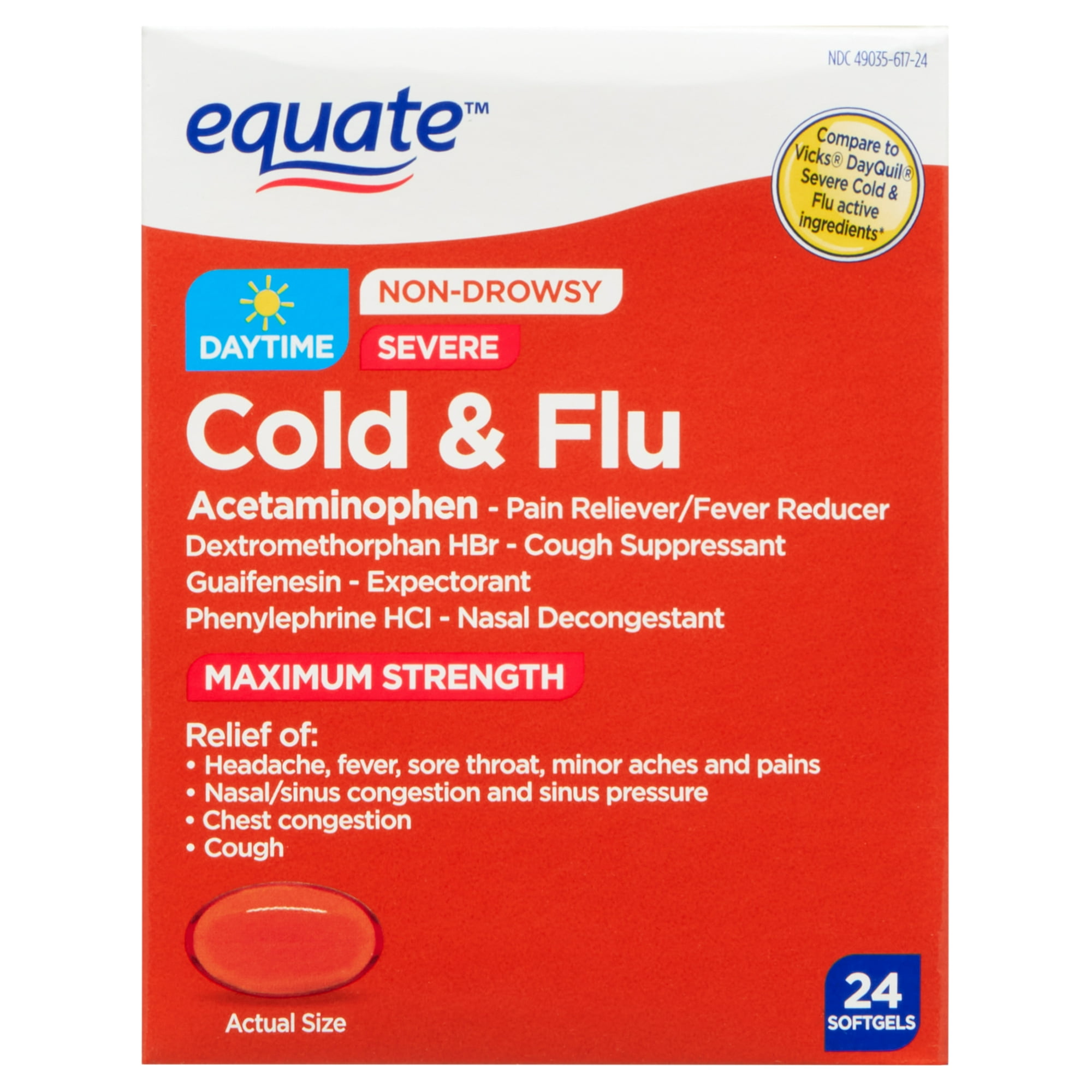 Equate Max Strength Non-Drowsy Daytime Severe Cold + Flu Softgels, 325mg, 24 Count