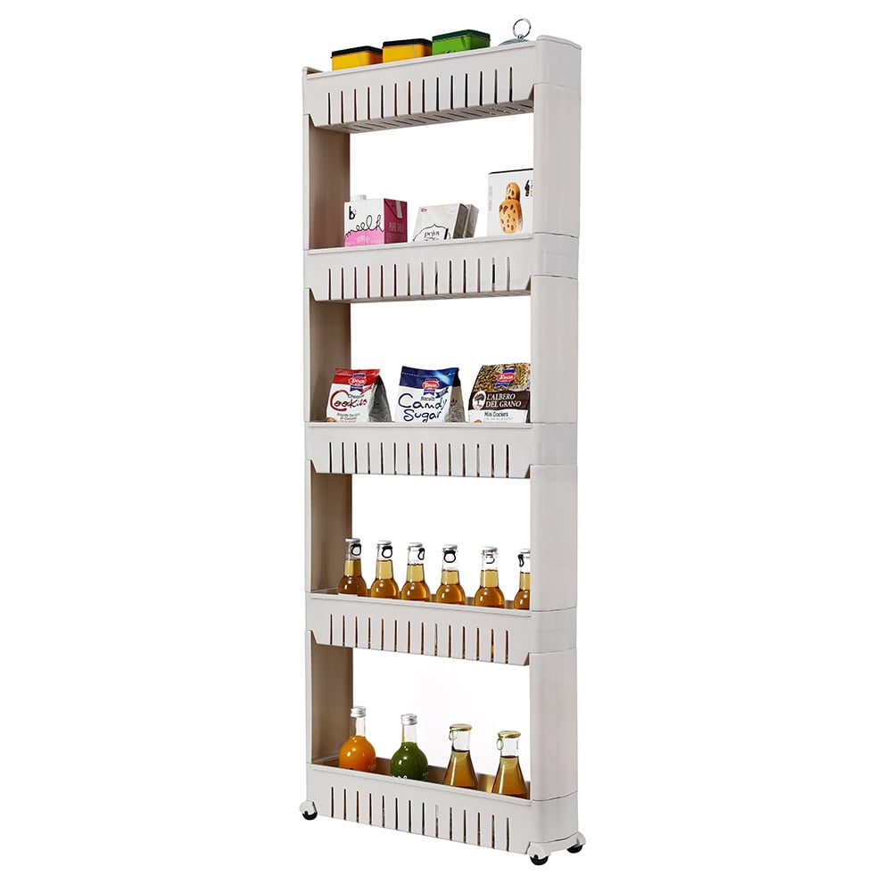 5 Tier Slim Slide Out Storage Tower with Wheels, Pull Out Pantry Shelves Cart for Kitchen