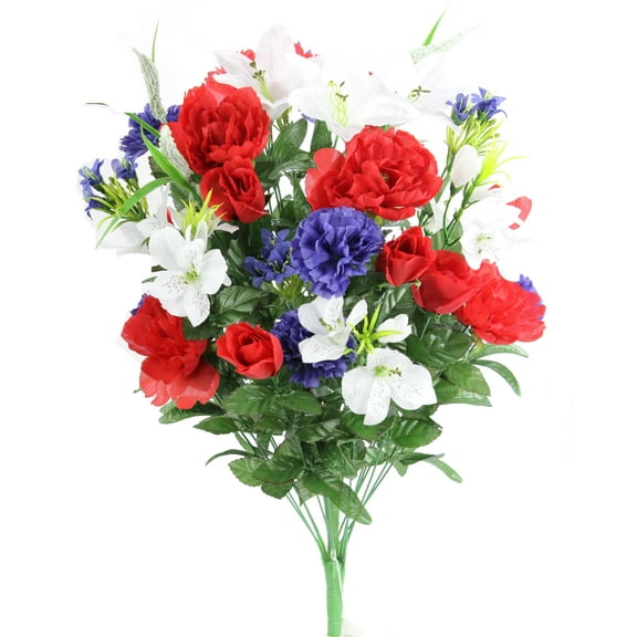 40 Stems Artificial Full Blooming Lily, Rose Bud, Carnation and Mum with Greenery Mixed Flower Bush, Red/White/Blue