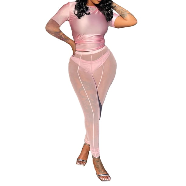 SAYOO Conjuntos de Pantalones Largos para Mujer, Tops Cortos de Manga Corta de Color Puro + Conjunto de Pantalones Transparentes de Cintura Alta SAYOO Moda