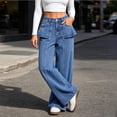 thumbnail image 2 of Women's High Waist Jeans Seam Detail Loose Wide Leg Denim Pants with Ruffled Pockets Vintage Washed Y2K Casual Streetwear Jean Trousers Blue, 2 of 7