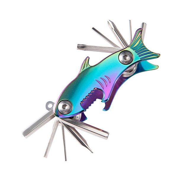 Multiherramienta con forma de tiburón de colores, con llave y abridor de botellas, ideal para ciclismo y fiestas. Juego de herramientas portátil para diversas tareas.