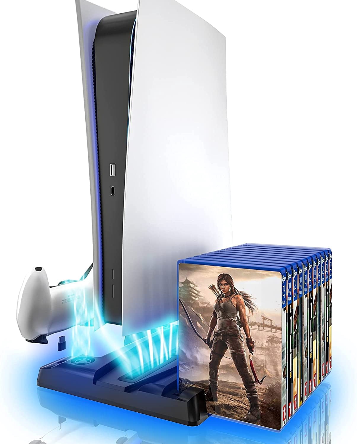 PS5 Charger Station, PS5 Cooling Fan Stand, PS5 Charger Stand with Controller Charger, PS5 Vertical Stand with Cooling Fan and LED Indicator, 3 Levels Adjustable Fans Speed, 12 Game Rack Organizer