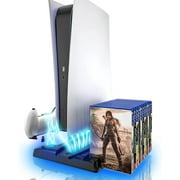 PS5 Charger Station, PS5 Cooling Fan Stand, PS5 Charger Stand with Controller Charger, PS5 Vertical Stand with Cooling Fan and LED Indicator, 3 Levels Adjustable Fans Speed, 12 Game Rack Organizer