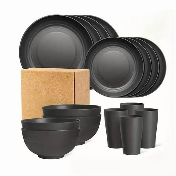 AILKIN Wheat Straw Plates and Bowls Sets for 4,Unbreakable Dinner Plates,Dishes Sets,Reusable Plate and Bowls Microwave Dinnerware Dishwasher Safe,Plastic Dinnerware Sets,Black