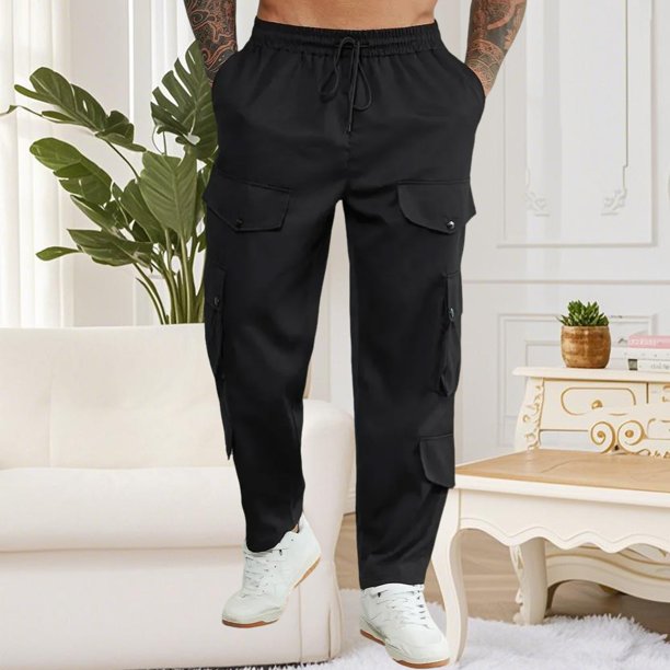 Ceisia Men's Gift Cargo Pants Relaxed Fit Mid-Rise Elastic Waist Polyester Multi-pocket Snap Button Drawstring Pants