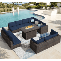 TANGJEAMER 13 Piece Patio Furniture Set with Fire Pit Table, All Weather Outdoor Sectional PE Rattan, Patio Conversation Sets with Cushions and Glass Coffee Table for Garden Lawn Balcony, Blue
