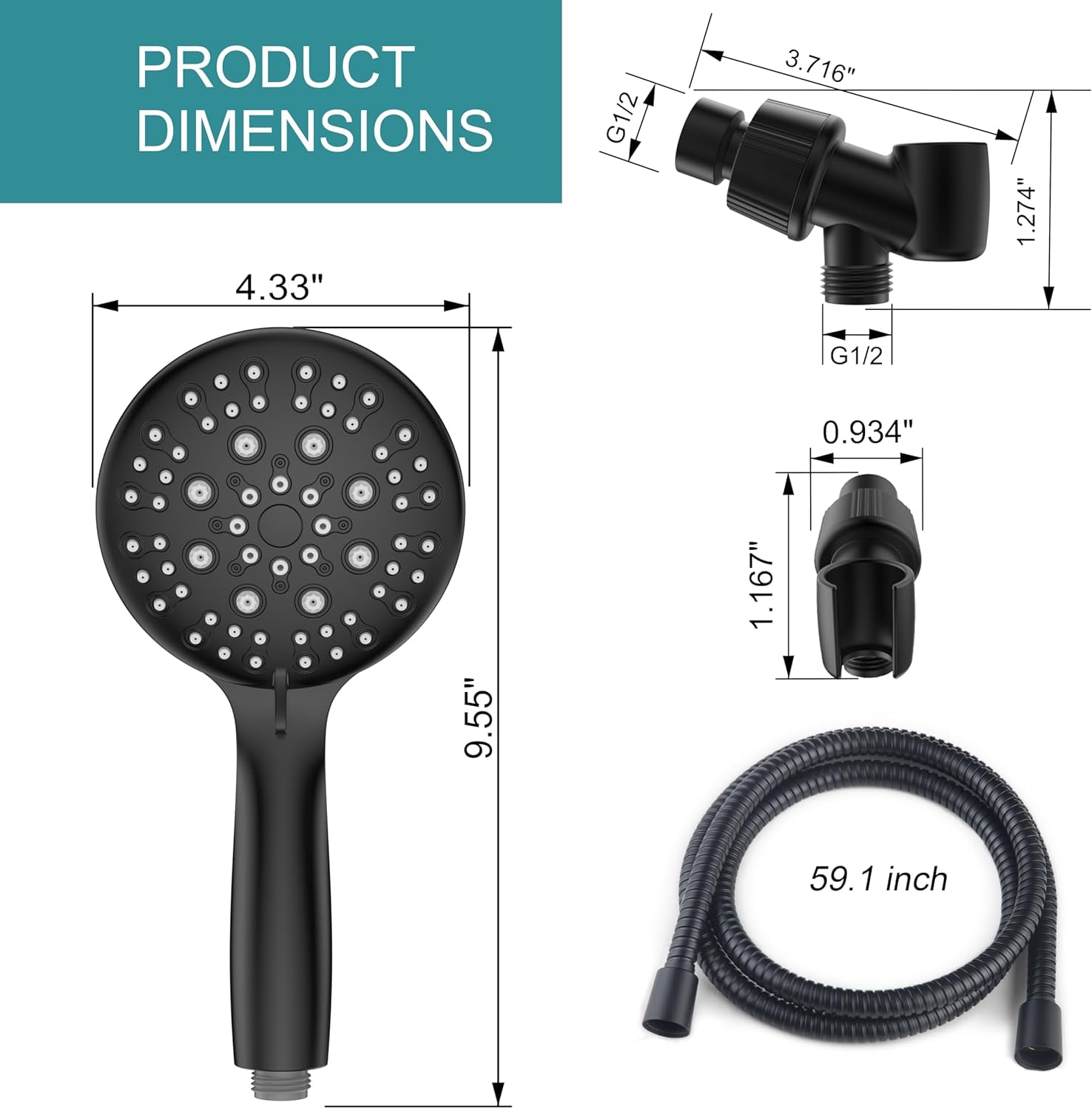 High Pressure Shower Head with Handheld, 6 Spray Settings Handheld Showerhead, 4.3" High Flow Rain Showerhead Set with 59" Stainless Steel Hose and Adjustable Bracket for Bathroom, Gym, Hotel