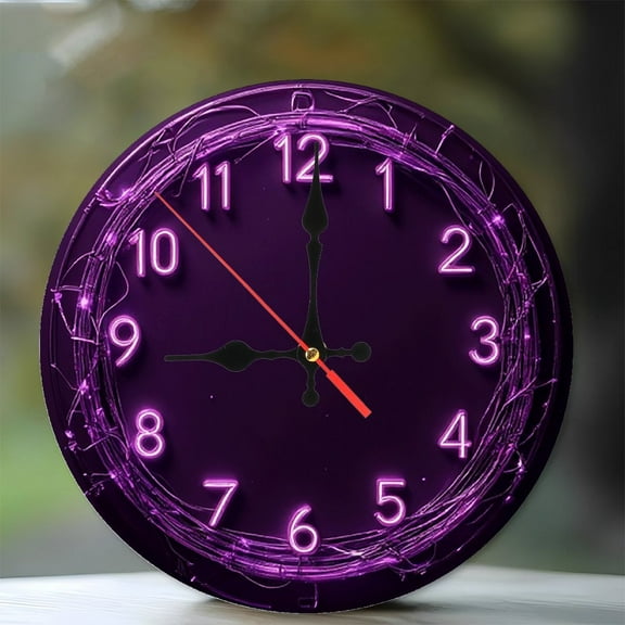 Purple Neon Clock Wall Decor Modern Home Decor 10-Inch Silent Wooden Wall Clock, Battery Operated (AA Batteries Not Included), Artistic Home Decor