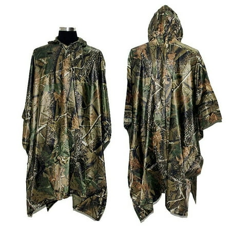 PVC Camping Hiking Cycling Hunting Multifunction Military Camouflage Portable Rain Poncho Coating Nylon Hooded Ripstop Ripstop Raincoat Camo Totes Travel Rainwear (Maple