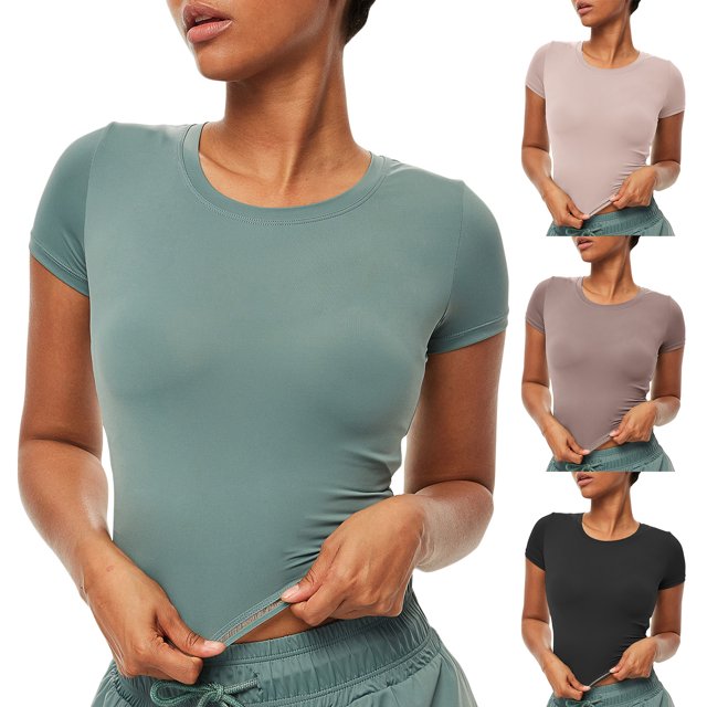 Camiseta deportiva para mujer Crop Top Bodycon O cuello manga corta