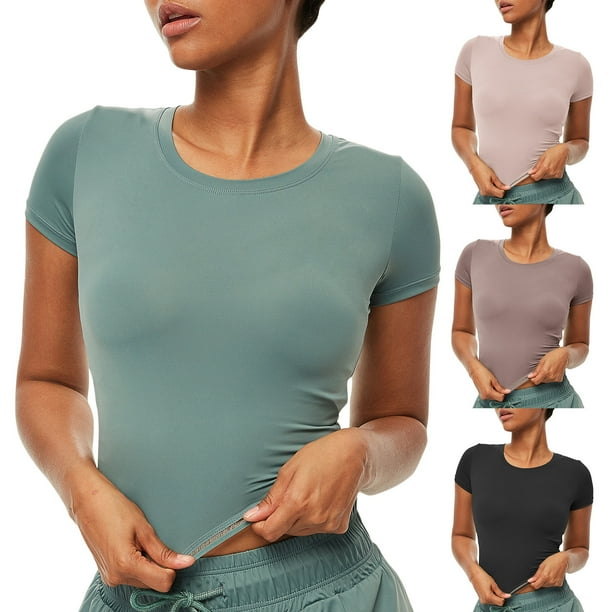 Camiseta deportiva para mujer Crop Top Bodycon O cuello manga corta