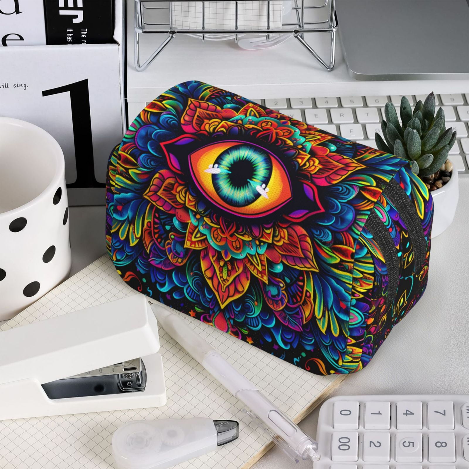 Rateoe Vibrant Psychedelic Eye Pattern Double Clamshell Pen Case, Storage Organizer with Two Zipper Compartments– Holds Up to 50 Pencils & Pens