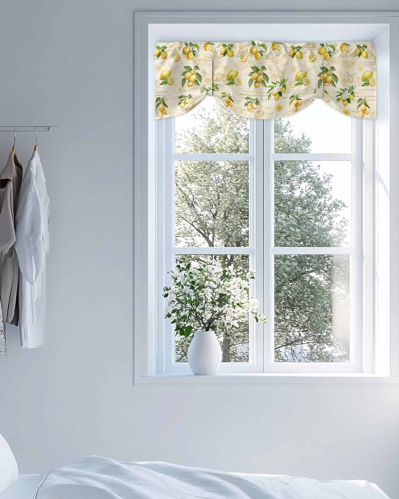 Vintage Lemon Tie Up Valances Curtain, Adjustable Kitchen Leaf Yellow Fruit Letter Background Farmhouse Valances for Windows Decor, Rod Pocket Short Curtains Set for Bedroom/Bathroom, 54"x18"