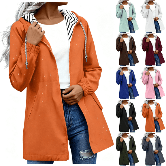 Hzzrkos Women Casual Lightweight Striped Lined Hooded Rain Jacket Windbreaker Zip Up Raincoats With Pockets For Outdoor Daily Travel Army Green L