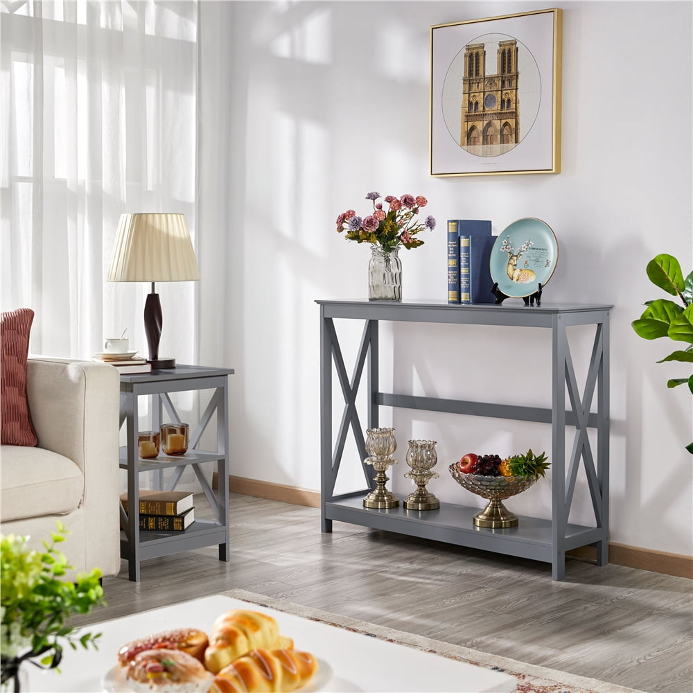 Yaheetech 2-Tier X-Design Console Table with Shelf for Living Room, Gray