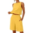 thumbnail image 3 of Horkkom Short Sets for Women 2 Piece Linen Solid Color Tank Tops High Waist Shorts with Pockets Summer Casual Vacation Sets L, 3 of 7