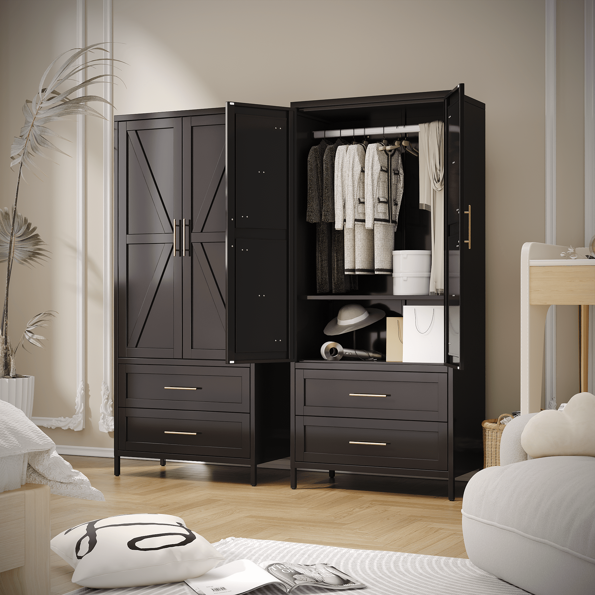 GangMei Metal Storage Cabinet Locker with 2 Drawers, Large Steel Cabinet with Hanger Rod and Adjustable Shelf for Living Room,Office,School,Gym,Garage,(Black)