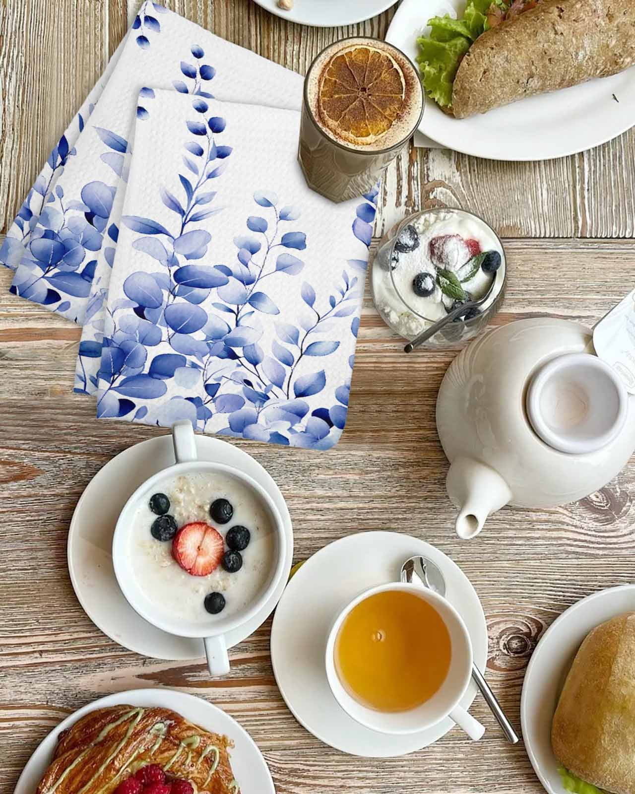 Blue Eucalyptus Hand Towels Set,Waffle Weave Kitchen Towels 3Pcs, Botanical Plant Rustic Succulent Branch Microfiber Hair Face Bath Tea Towel Absorbent Quick Drying Cleaning Dish Cloths 15.7"x23.6"