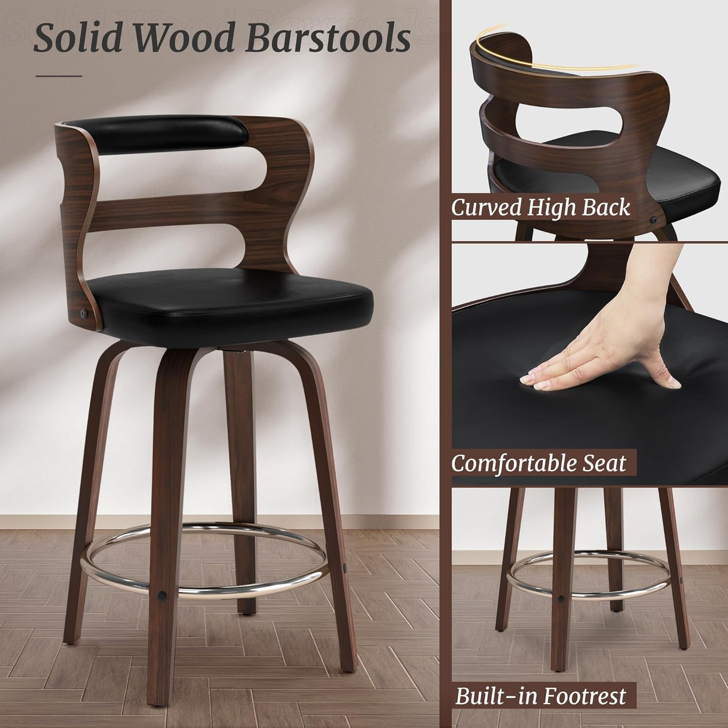 Dycanpo 26" Counter Height Bar Stools, Swivel Counter Stools with Back for Kitchen Island, Black