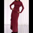 thumbnail image 4 of Vestido Midi Asimétrico con Abertura Irregular, Cuello Redondo, Larga y Cintura Fruncida para Mujer, Color Liso Vino Tinto XL, 4 of 6